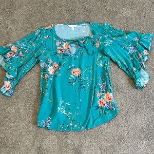 LC Lauren Conrad Teal Floral Tie-Neck Ruffle Sleeve Blouse
